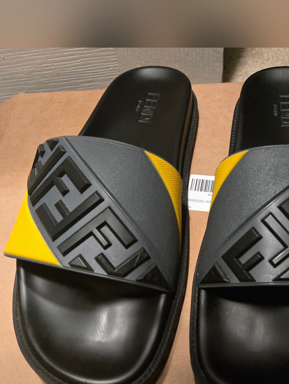 Fendi Black and Yellow Embossed Logo Slide Sandals
